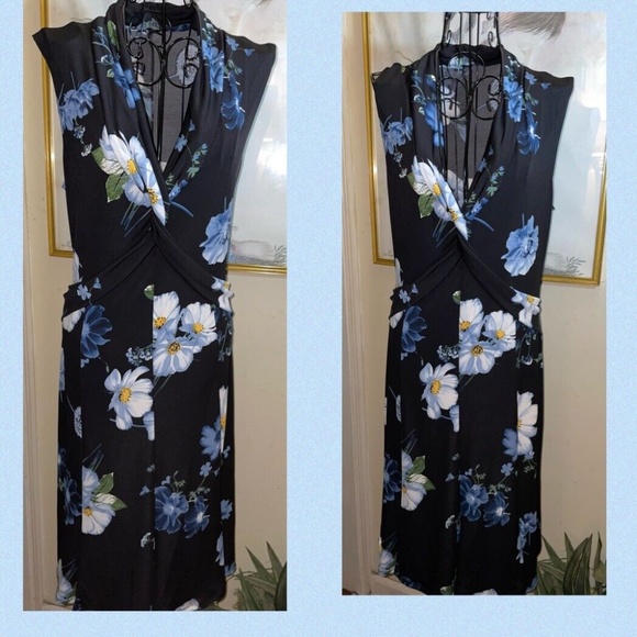 LBISSE FLORAL "TWIST-ACCENT" V-NECK DRESS~BLACK, BLUE, WHITE~SLEEVELESS~LARGE - Picture 4 of 6